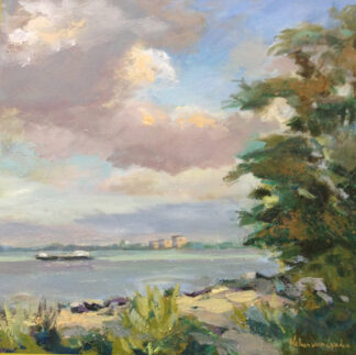 zicht op Almere, oilpainting, 40x40 cm, Muiderberg, Heleen van Lynden